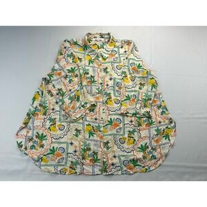 Rose + Olive Tropical Lemon Beach Print 3/4 Sleeve Blouse Womens 1X Coastal